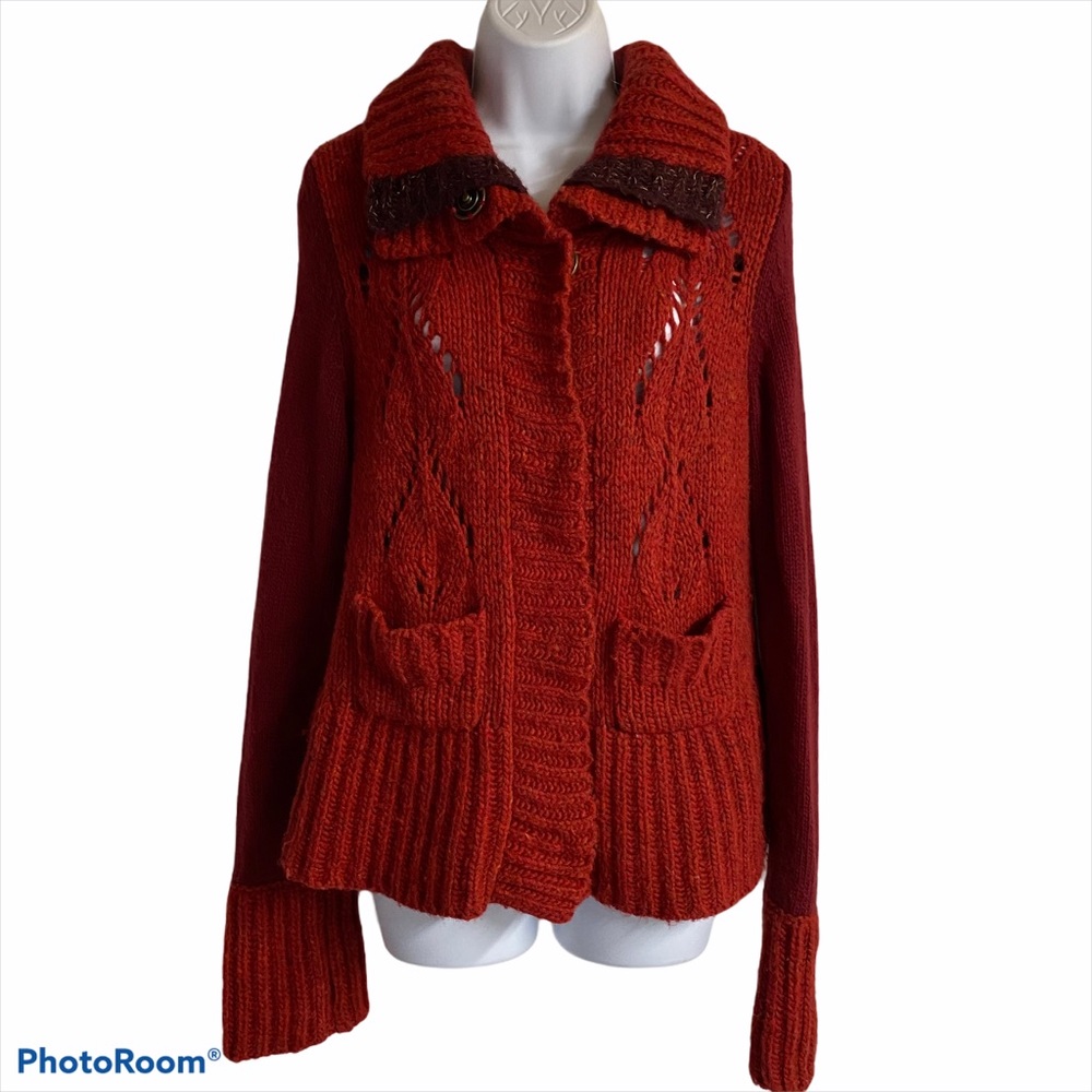 Free People Red Chunky Knit Snap Button Sweater